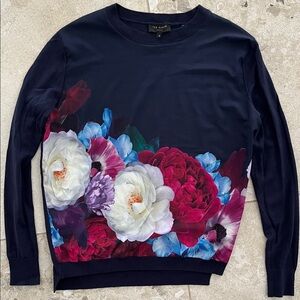 Ted Baker (TB size 2) Navy Sweater with Bold Floral Design US 4-6
